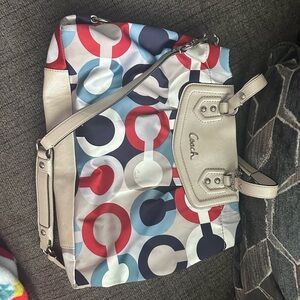Coach Red, Blue, and Cream Patterned Shoulder Bag